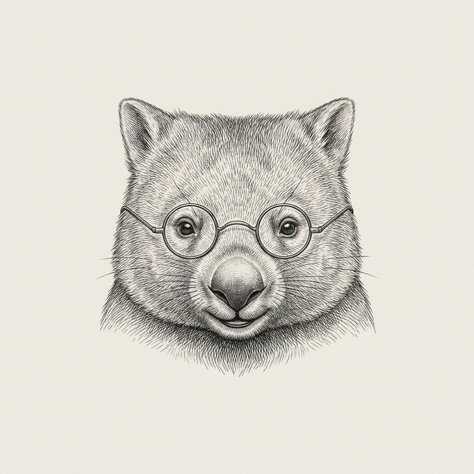 Engraved portrait of a wombat wearing round spectacles